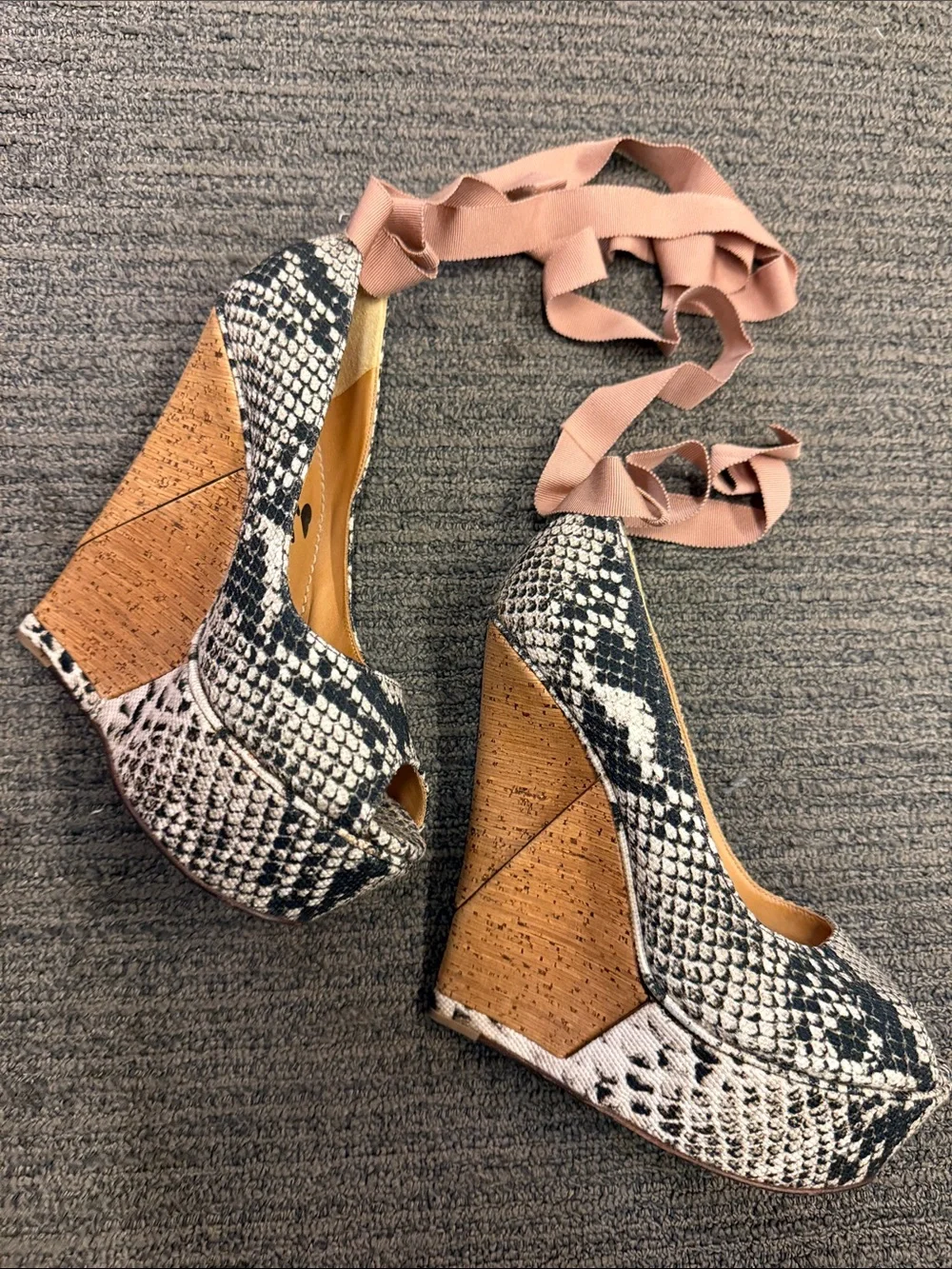 Lanvin snake-print peep-toe wedges with pink ribbon ankle ties